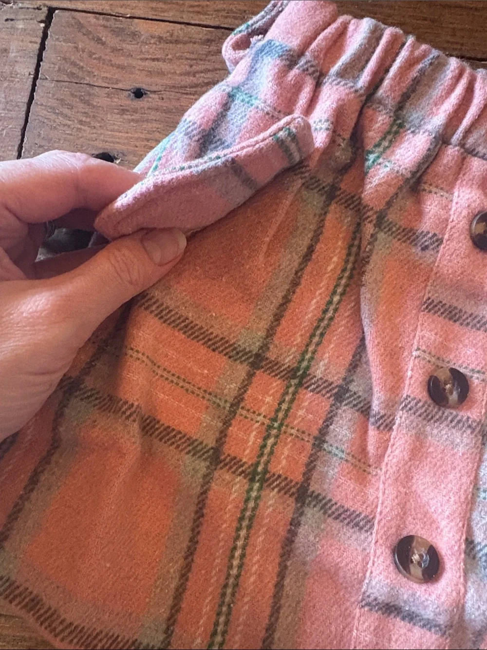 Girls Pink Ribbed Top & Plaid Button Skirt Set